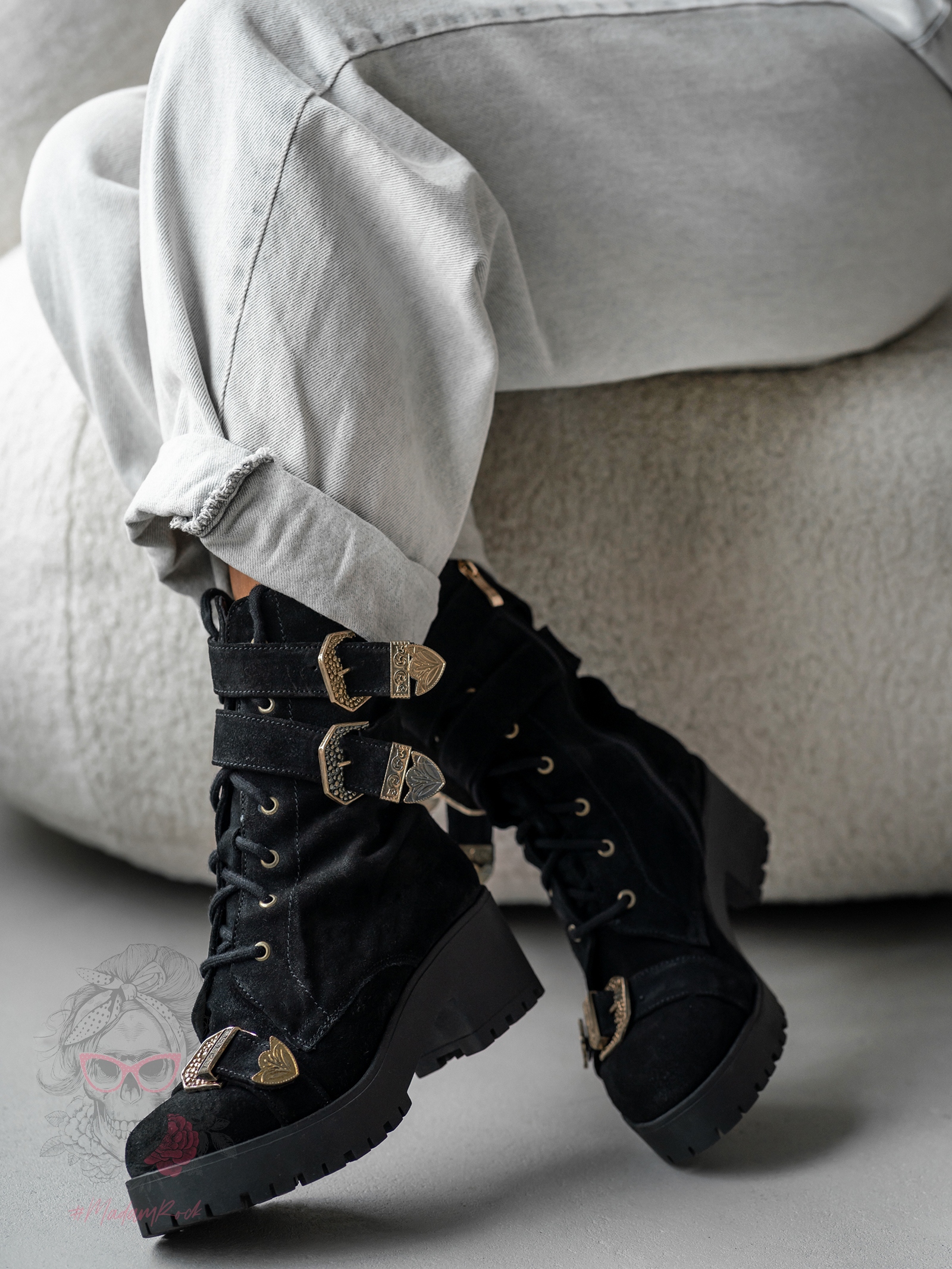 Botki skórzane z klamerkami Unique Rock czarne Botki skórzane z klamerkami Unique Rock czarne