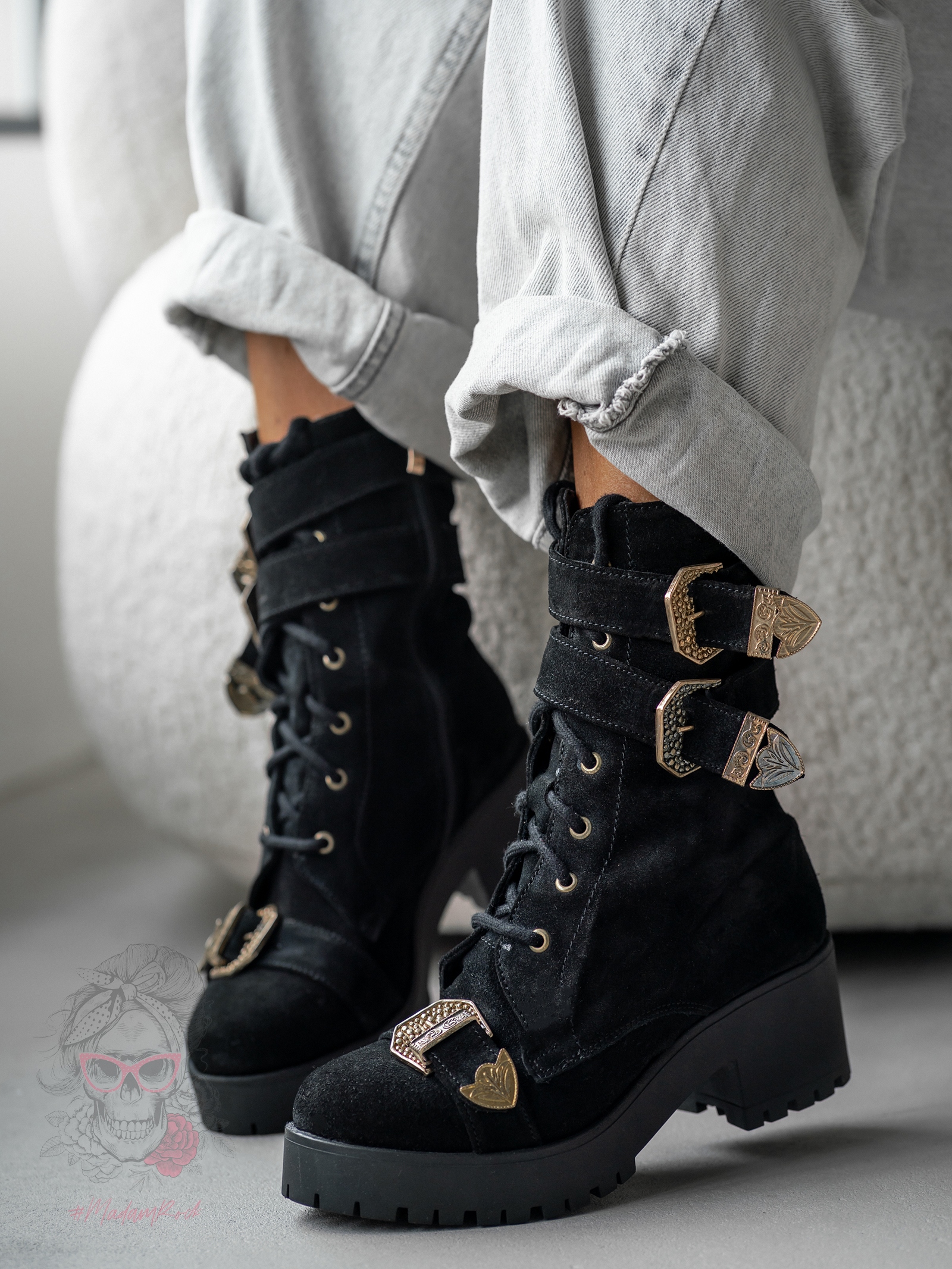 Botki skórzane z klamerkami Unique Rock czarne Botki skórzane z klamerkami Unique Rock czarne