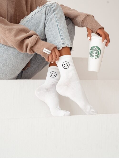 Skarpetki damskie z nadrukiem z emoji SMILE białe