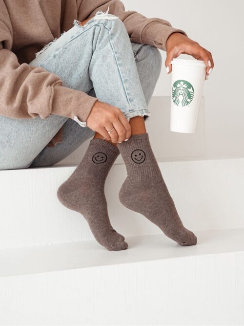 Skarpetki damskie z nadrukiem z emoji SMILE brąz melanż