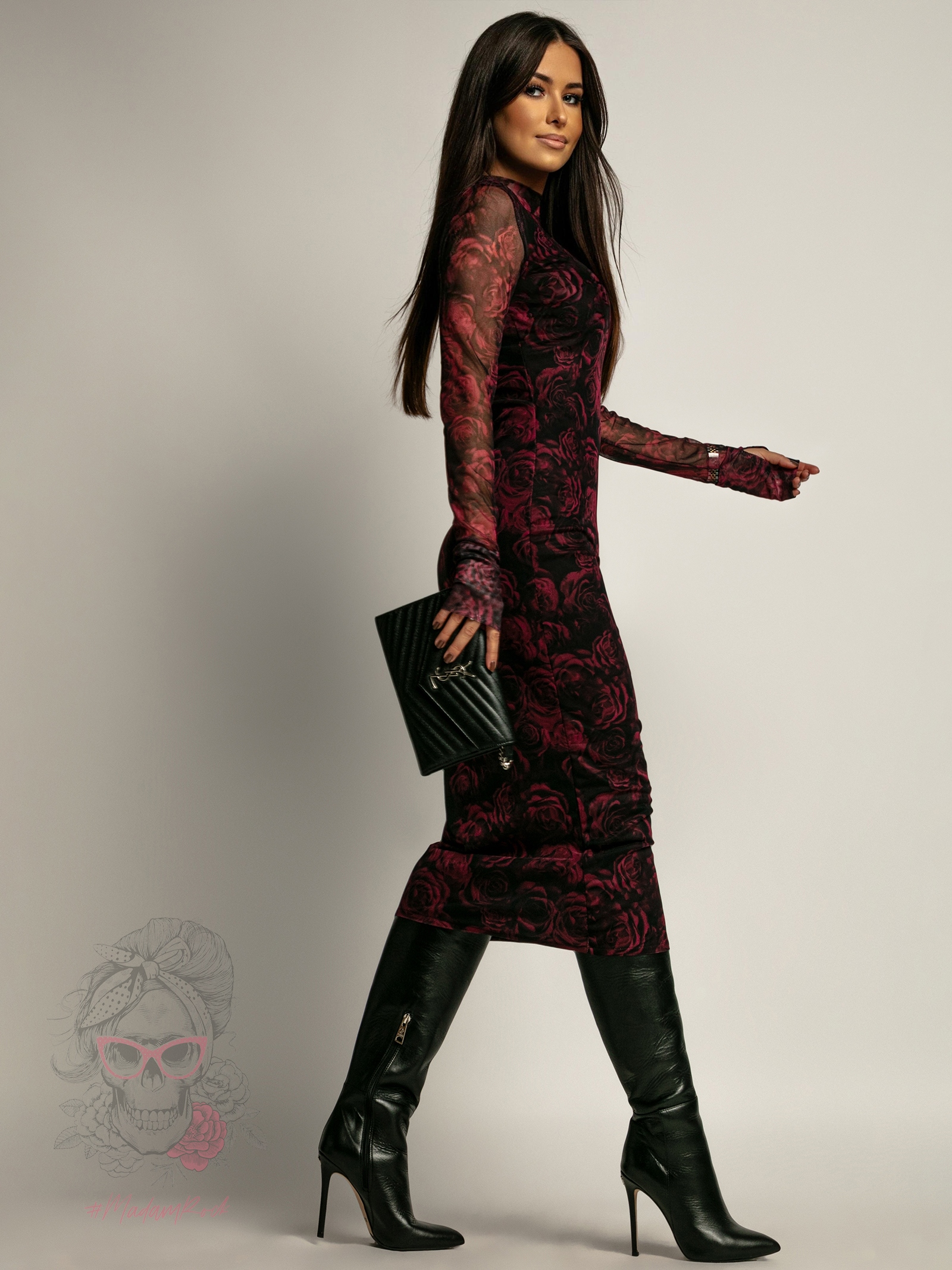 Sukienka z siatki NB Cese czarna w róże bordowe