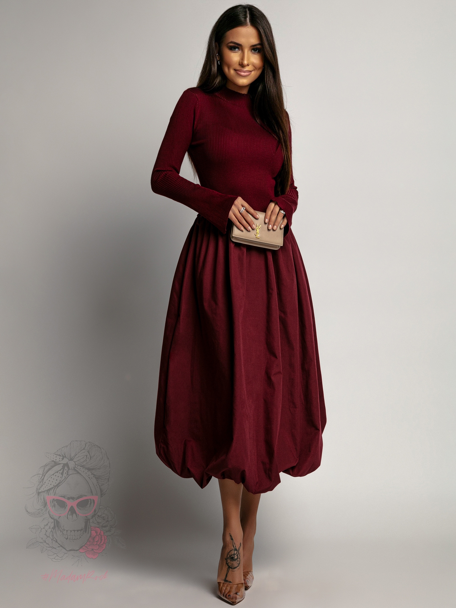 Sukienka midi bombka Marien bordowa