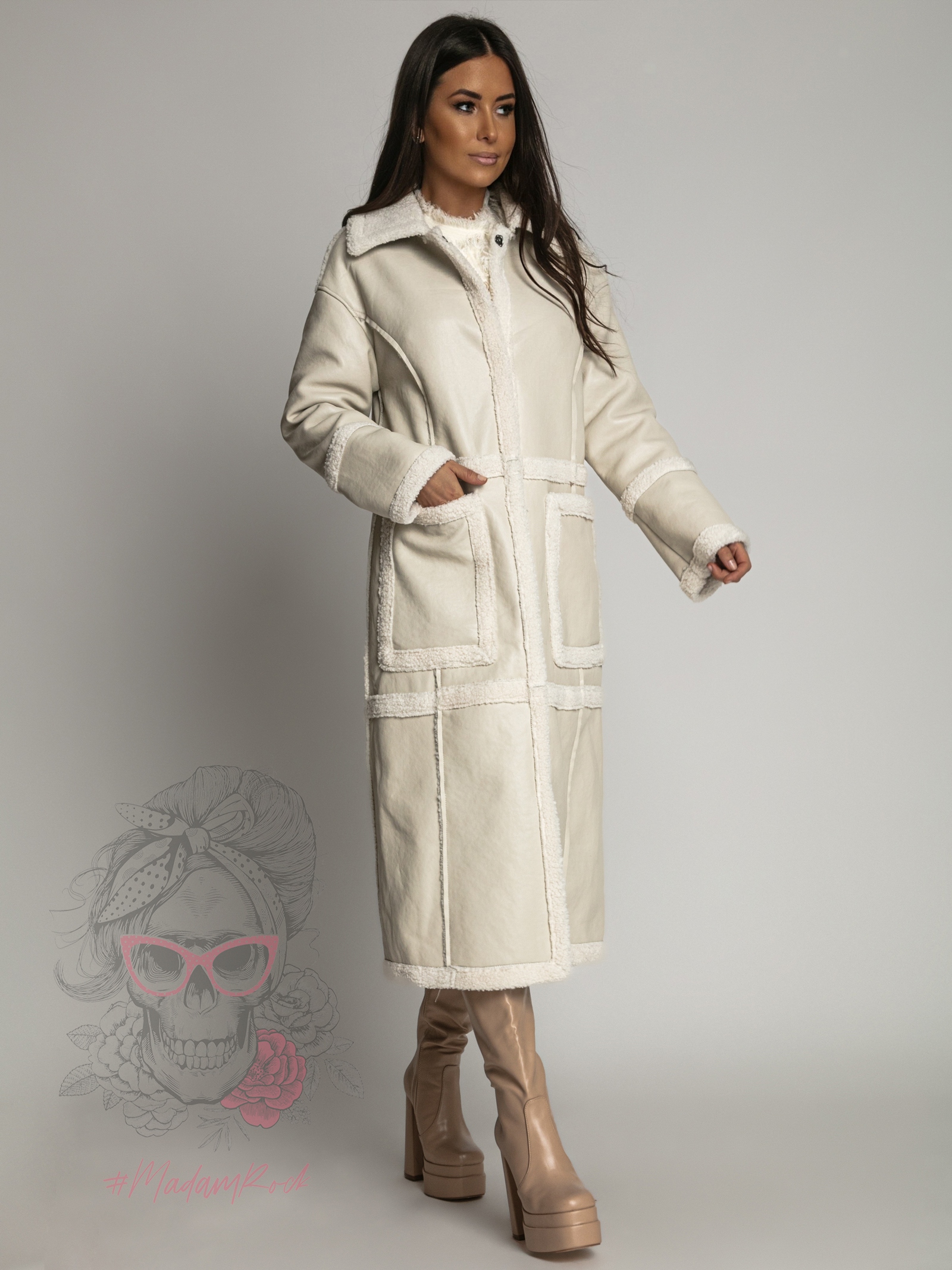 Płaszcz skórzany kożuszek maxi Kwadrat beżowy