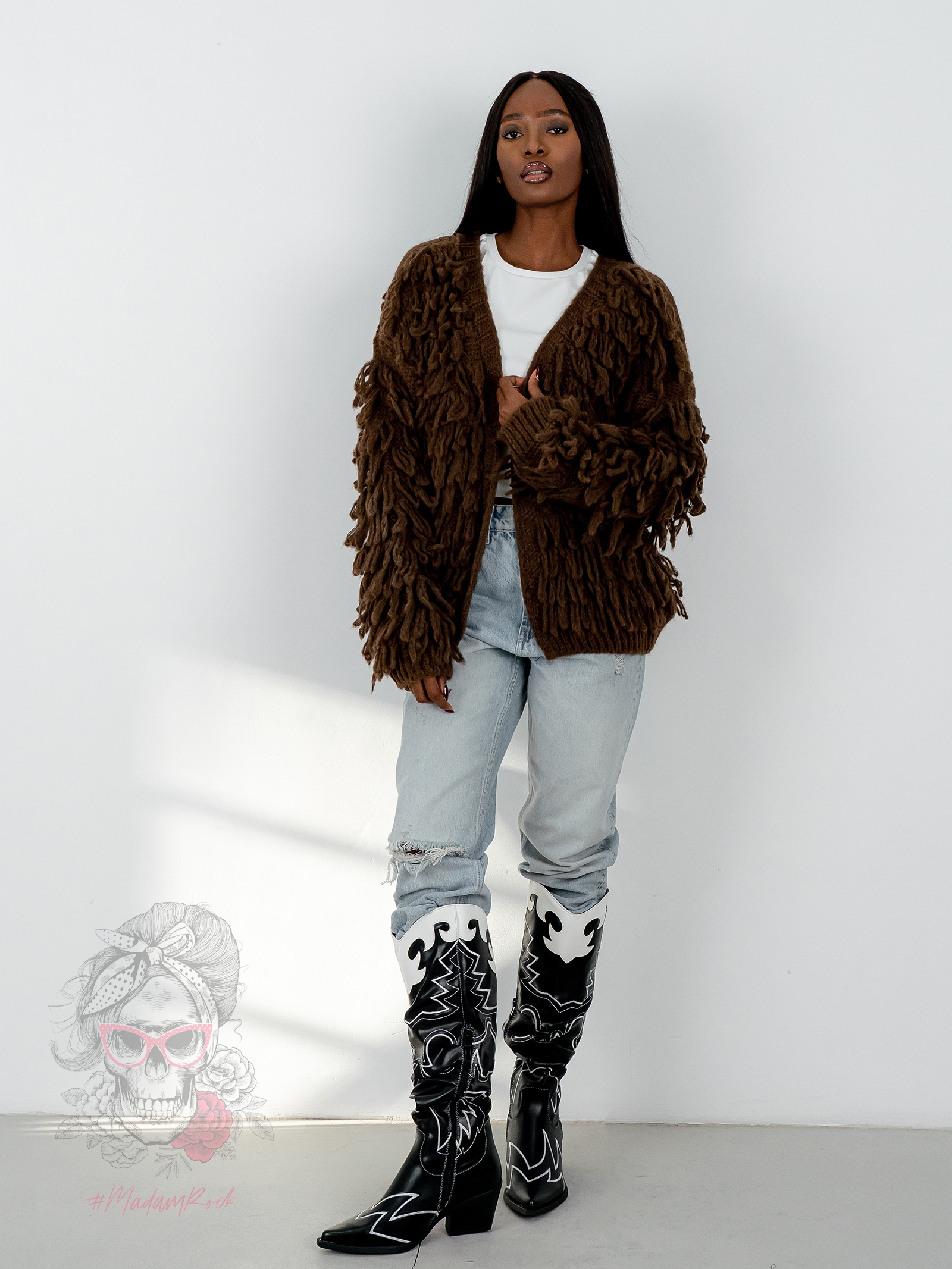 Sweter z frędzlami Marshi brązowy