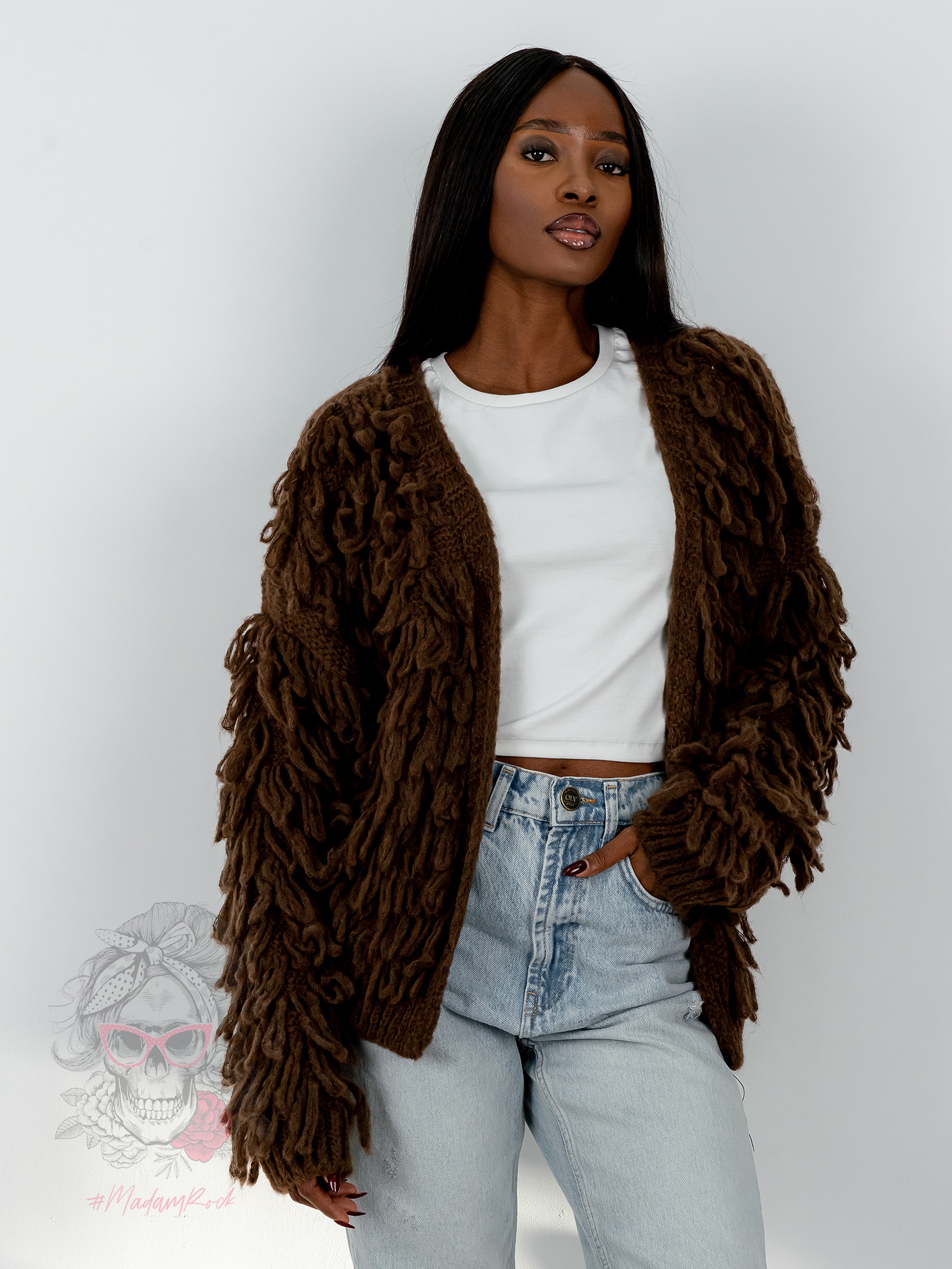 Sweter z frędzlami Marshi brązowy