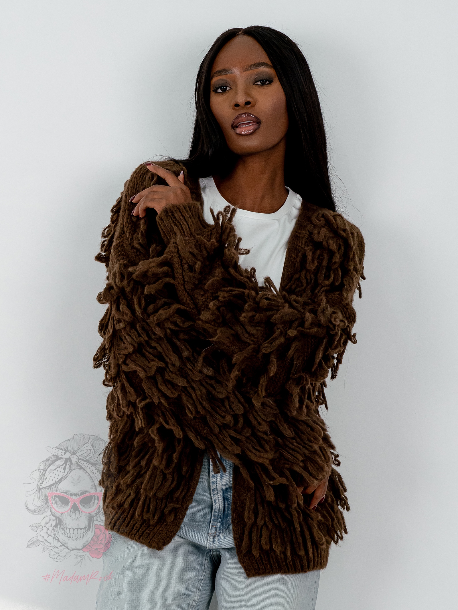 Sweter z frędzlami Marshi brązowy