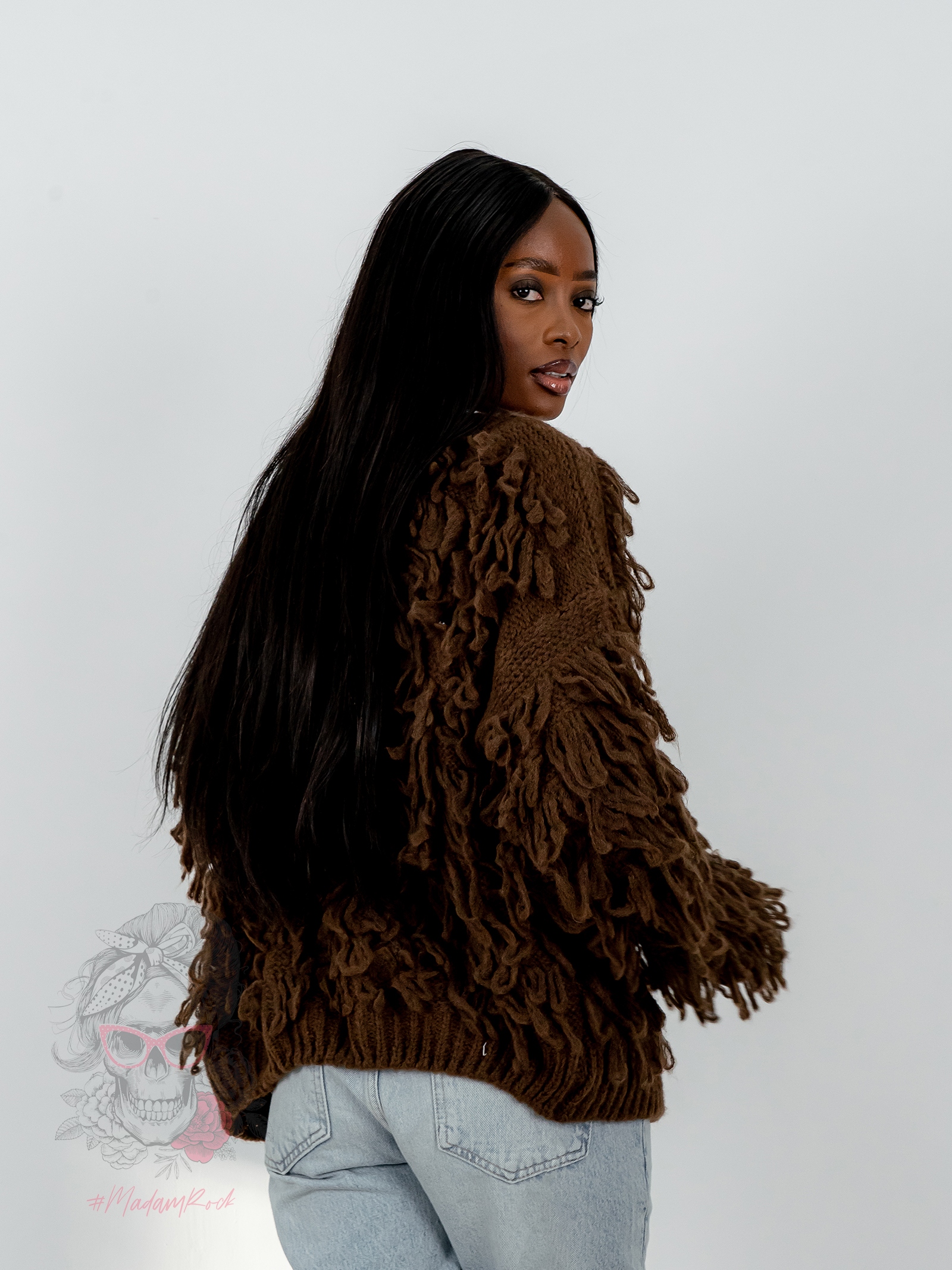 Sweter z frędzlami Marshi brązowy