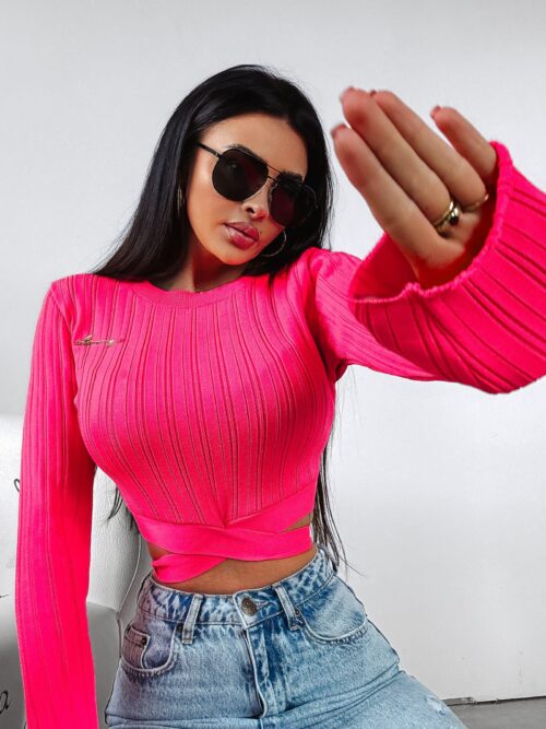 Bluzka top przylegająca Emeli Ola Voga neonowy róż