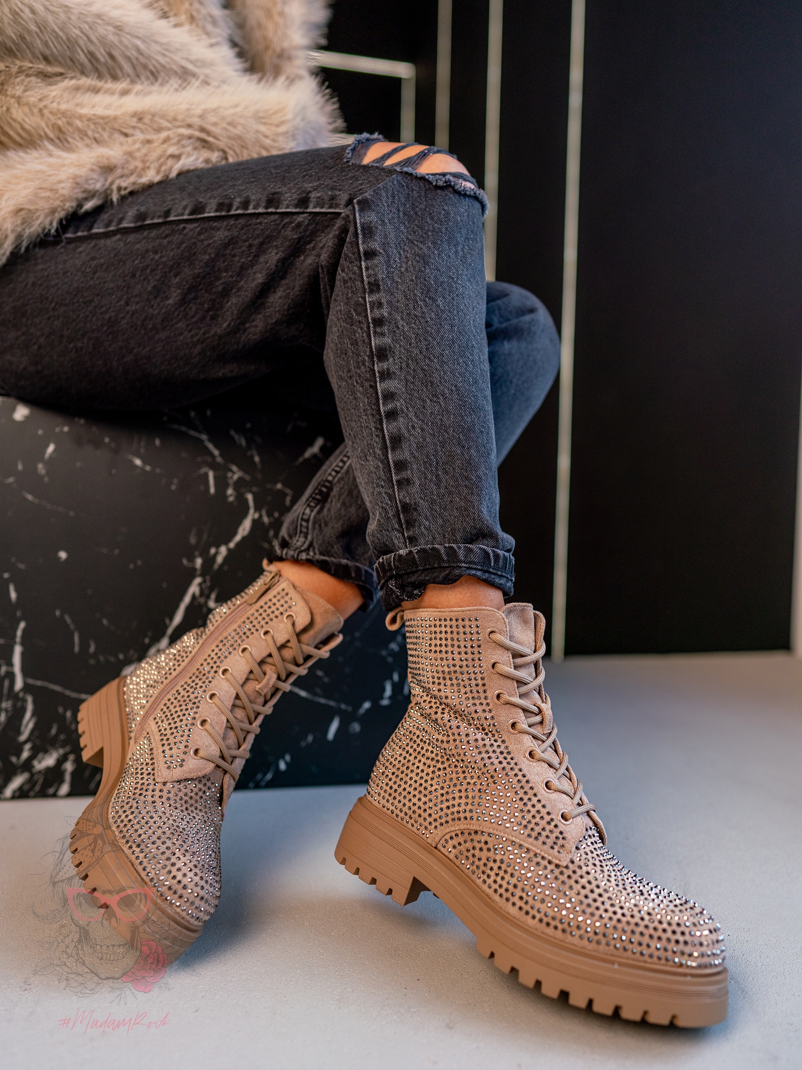 Botki z cyrkoniami Rock Kire beżowe