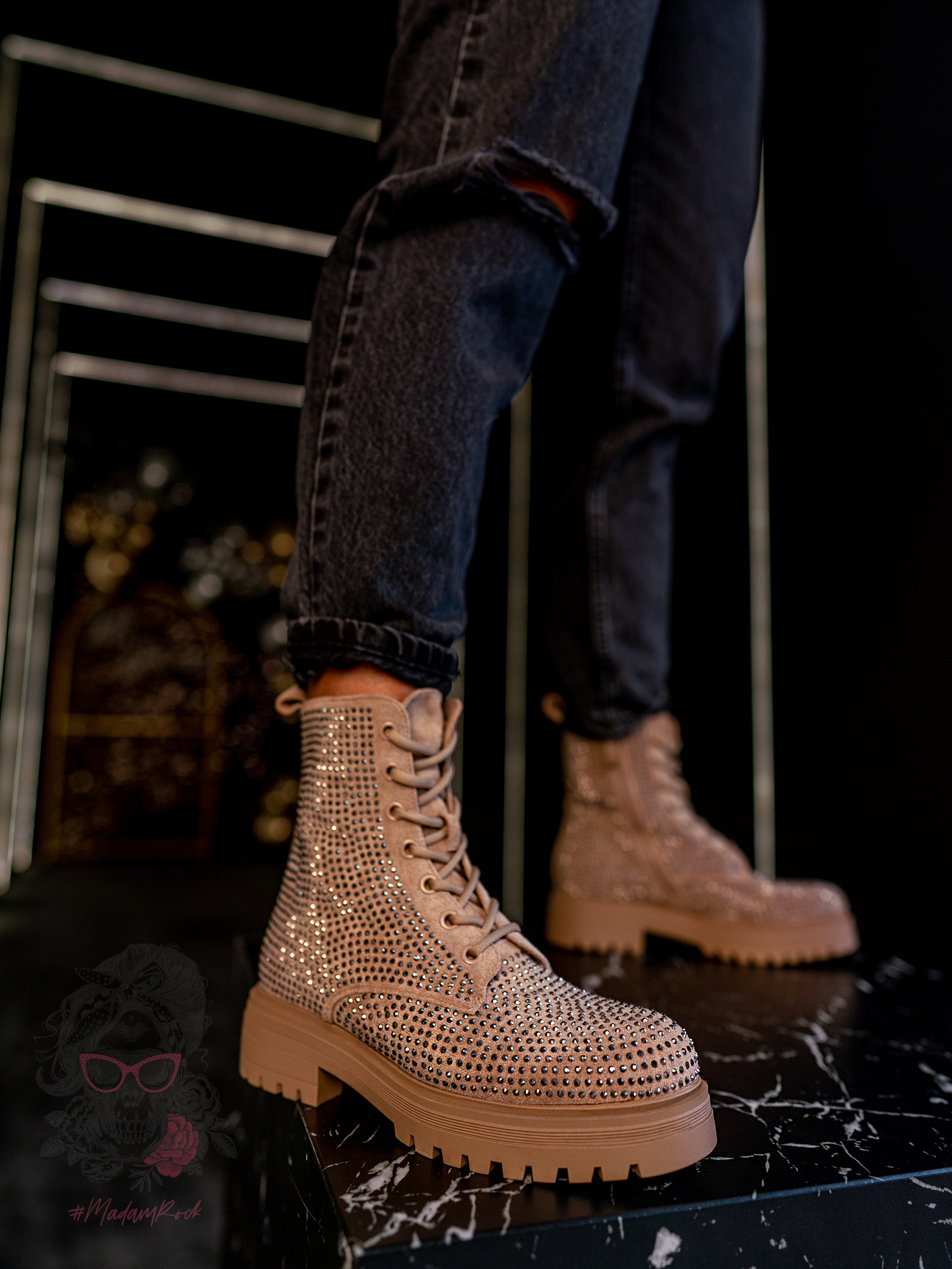 Botki z cyrkoniami Rock Kire beżowe