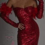 Sukienka cekinowa z piórami NB Cameron czerwona