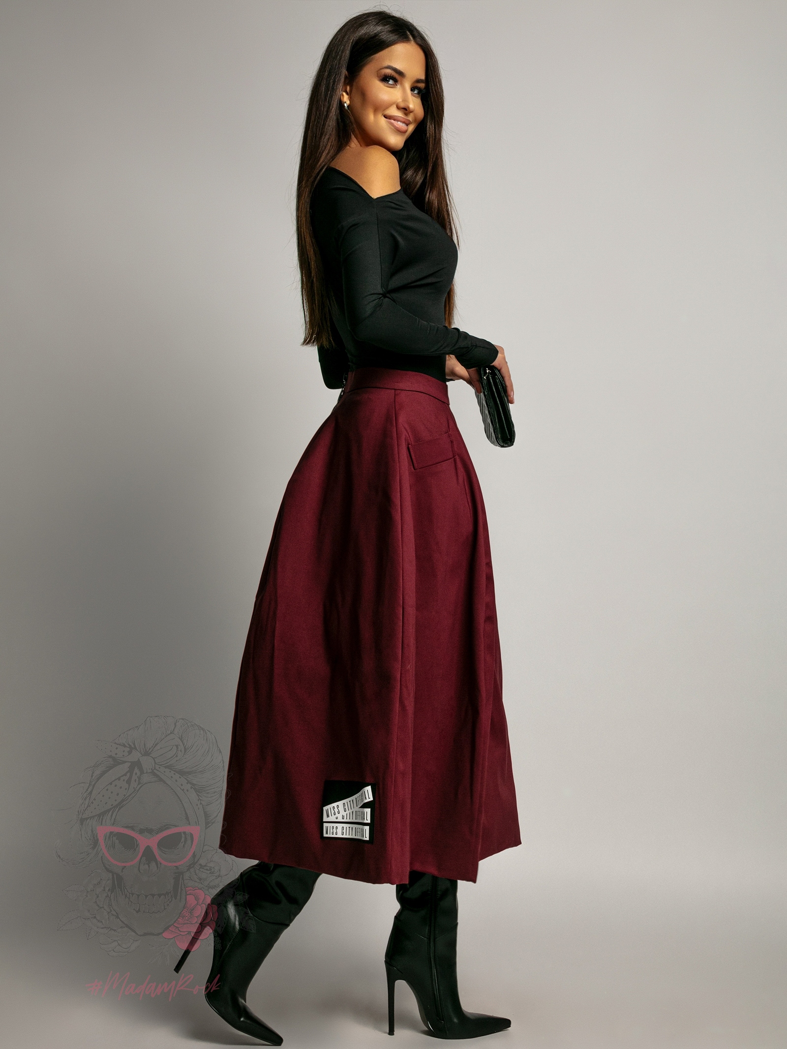 Spódnica rozkloszowana midi MC Hollywood bordowa Spódnica rozkloszowana midi MC Hollywood bordowa