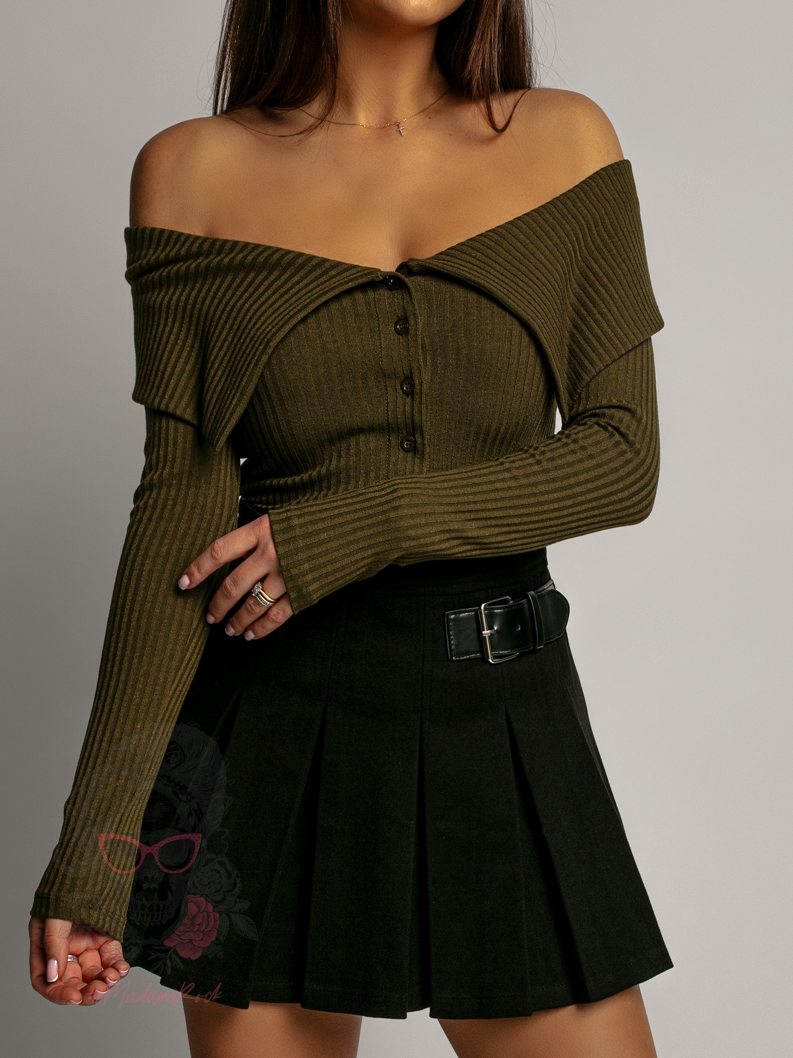 Bluzka prążkowana z kołnierzem LIDIA khaki