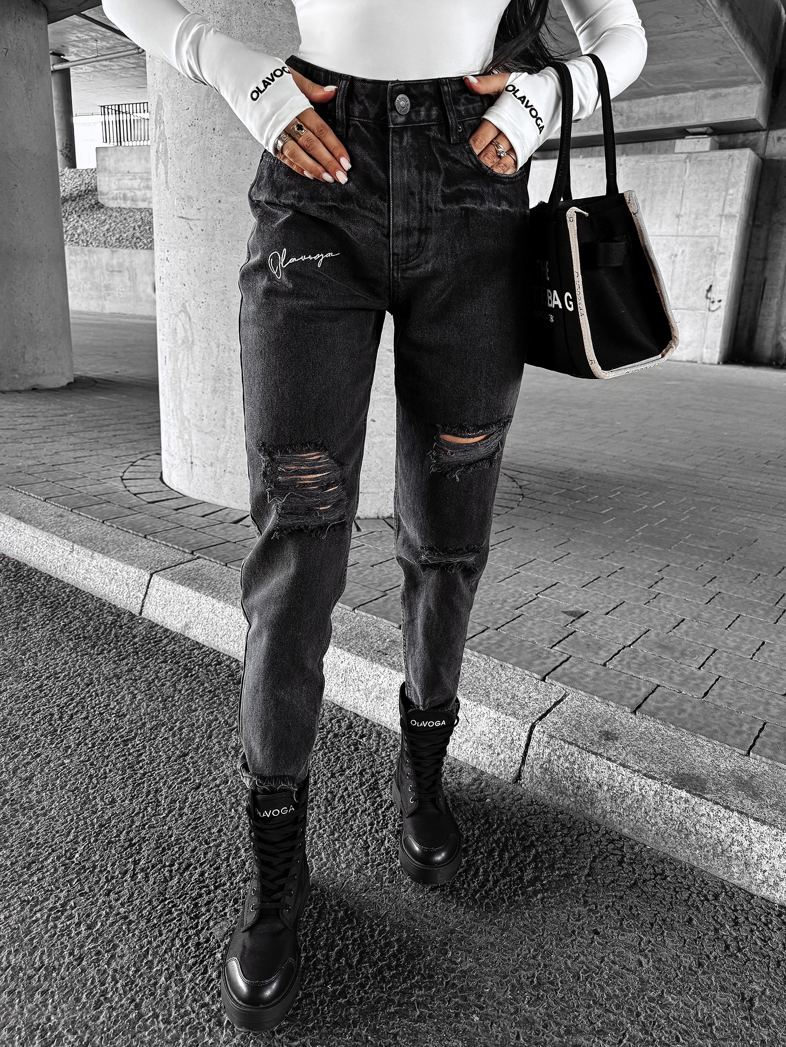 Spodnie jeansowe z przetarciami TYPER OLAVOGA ciemnoszare