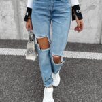 Spodnie mom jens z dziurami HORIZON OLAVOGA jasnoniebieskie