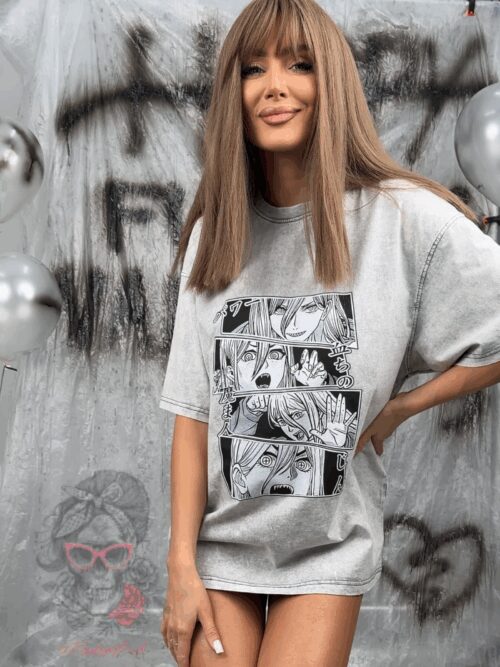 T-shirt dekatyzowany Anime jasnoszary