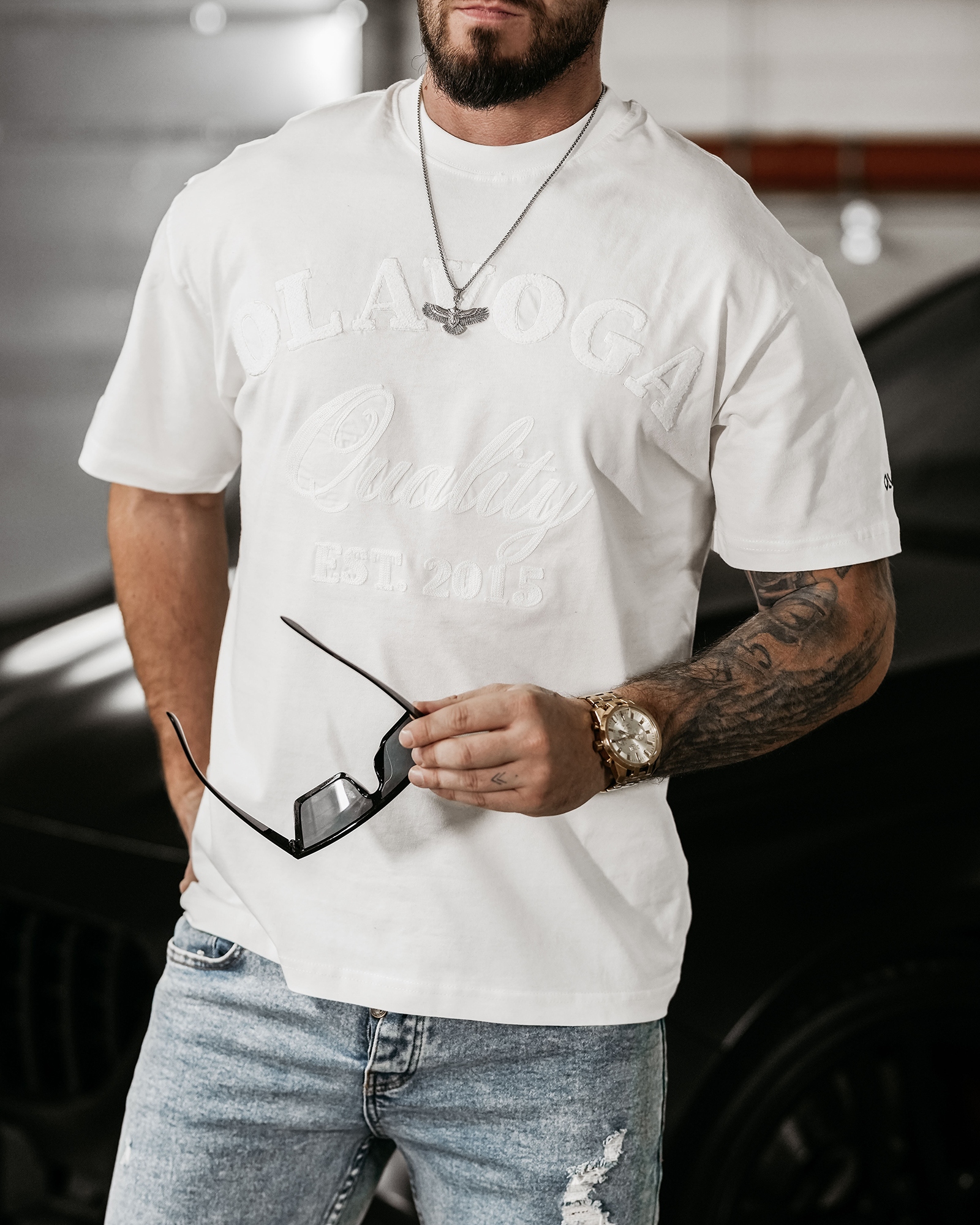 T-shirt męski z naszywkami BALE OLAVOGA ecru