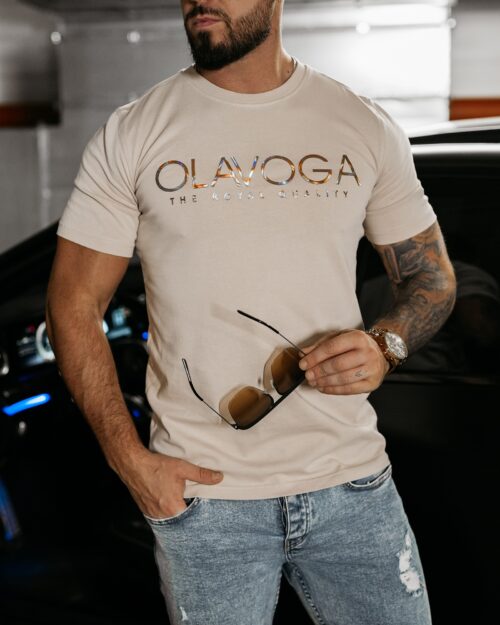 T-shirt męski ze złotym logo GLOW OLAVOGA beżowy