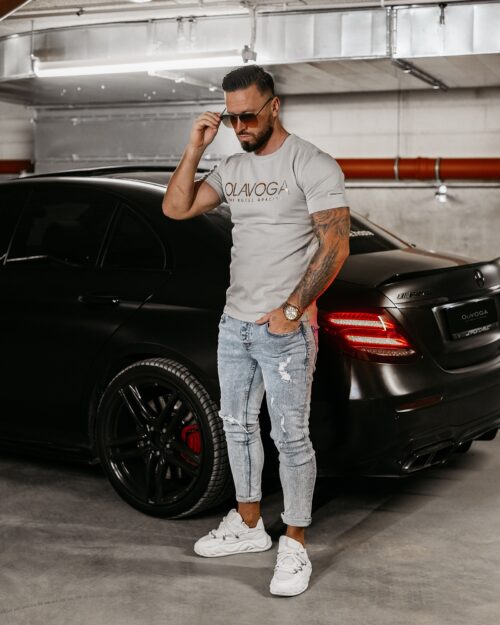 T-shirt męski ze złotym logo GLOW OLAVOGA jasnoszary