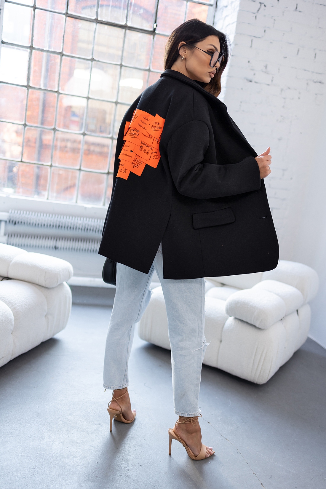 Marynarka oversize z aplikacją MC SMILE czarna/pomarańcz