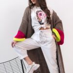 Sweter pleciony kardigan MC Multicolor brąz - fuksja