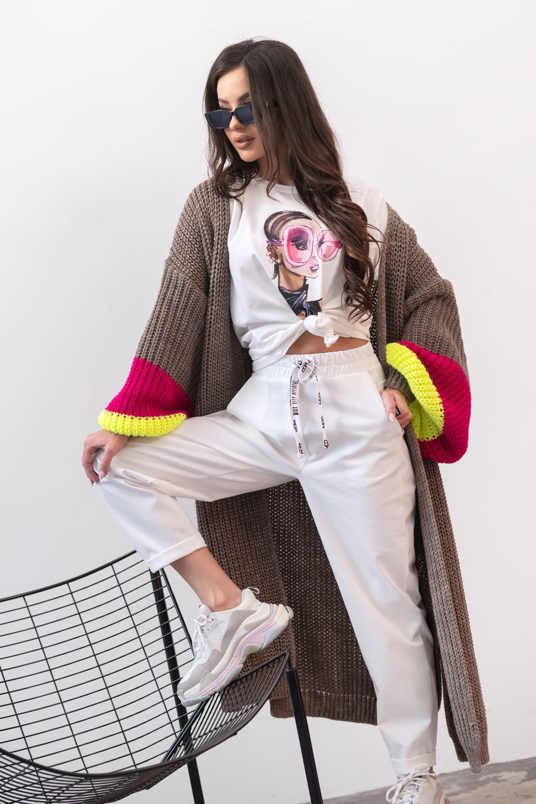 Sweter pleciony kardigan MC Multicolor brąz - fuksja