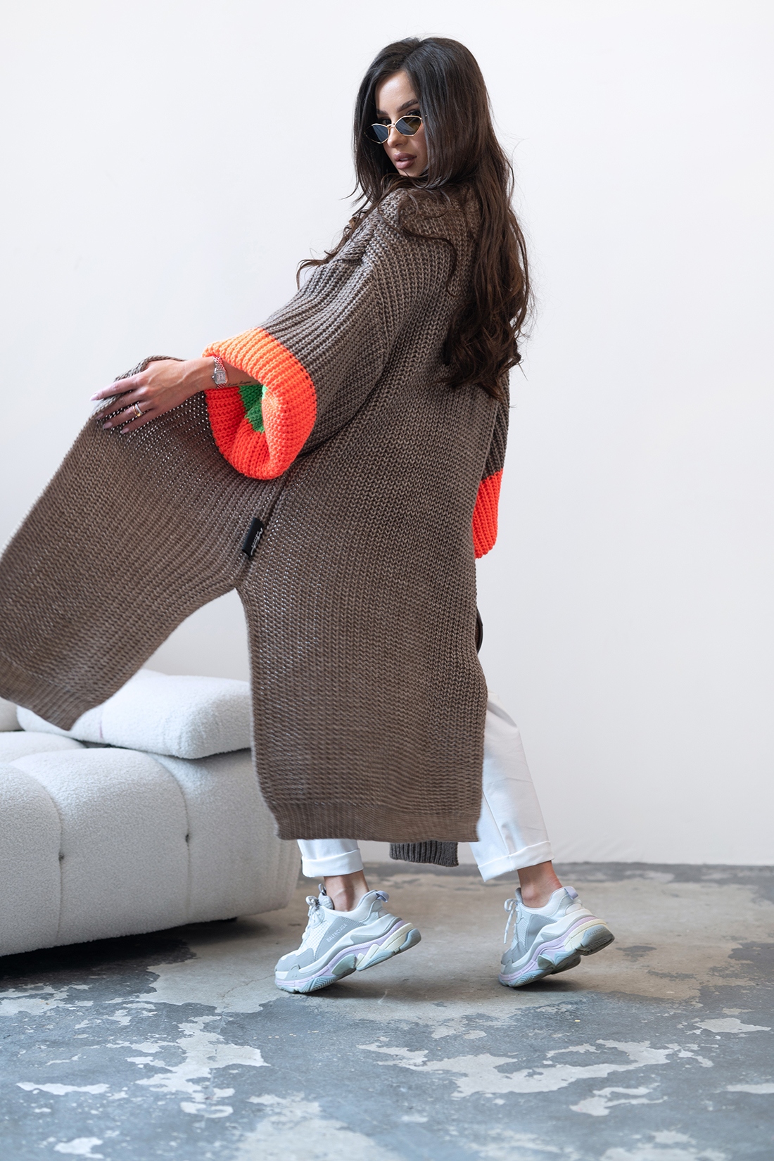 Sweter pleciony kardigan MC Multicolor brąz - pomarańcz