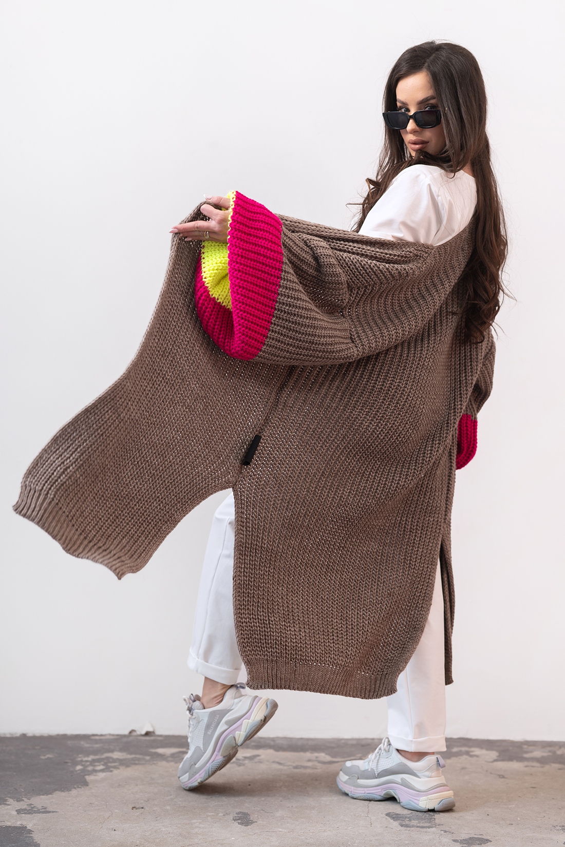 Sweter pleciony kardigan MC Multicolor brąz - fuksja Sweter pleciony kardigan MC Multicolor brąz - fuksja