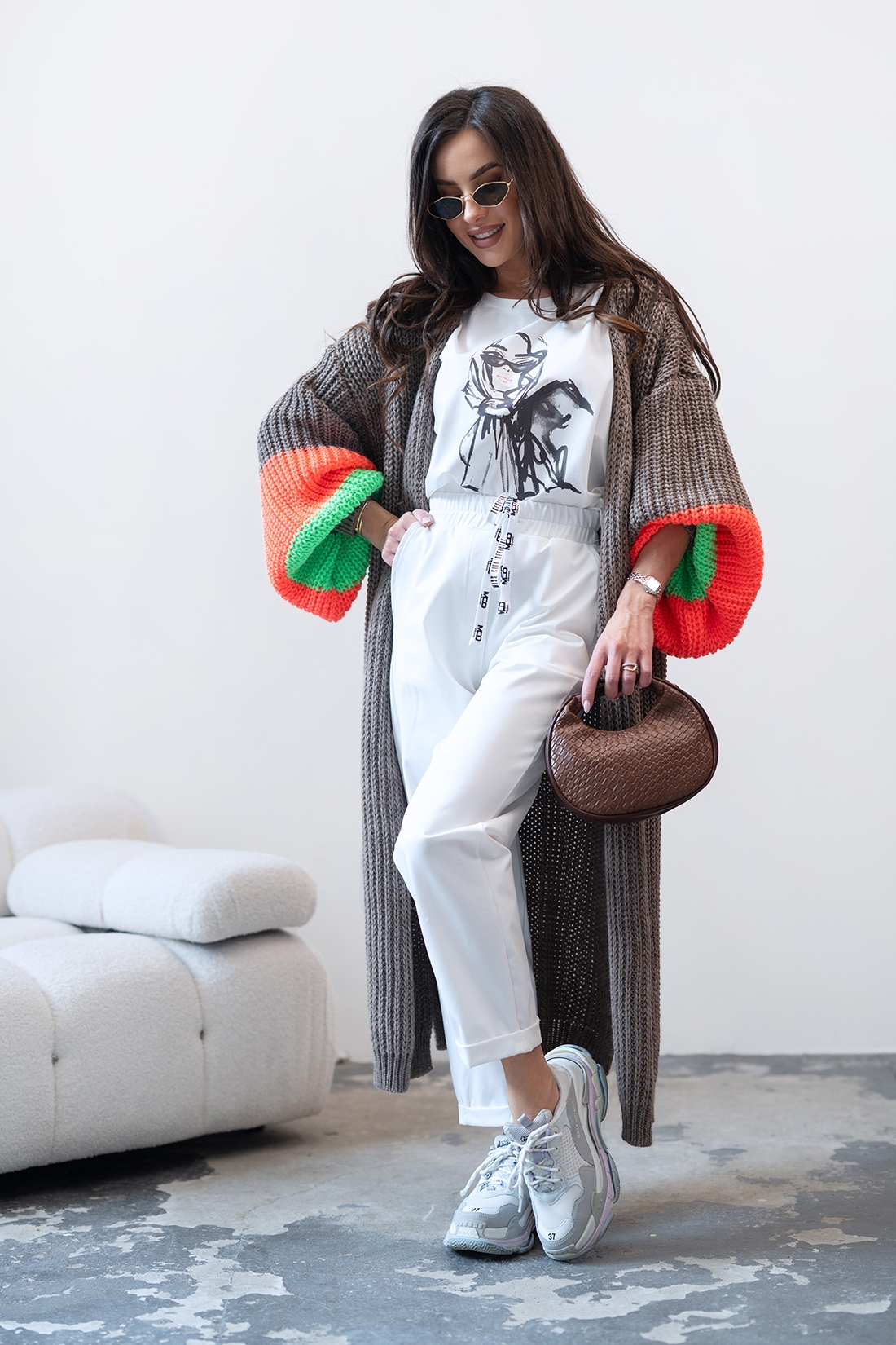 Sweter pleciony kardigan MC Multicolor brąz - pomarańcz