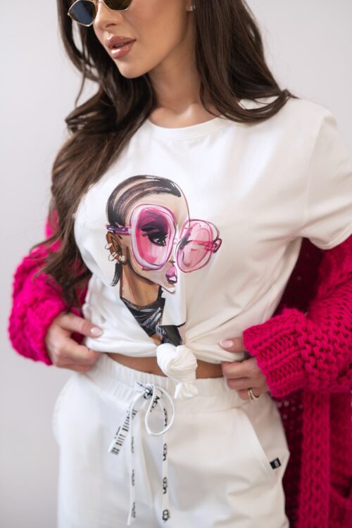 T-shirt z kolorowym nadrukiem MC PINK GLASSES biały