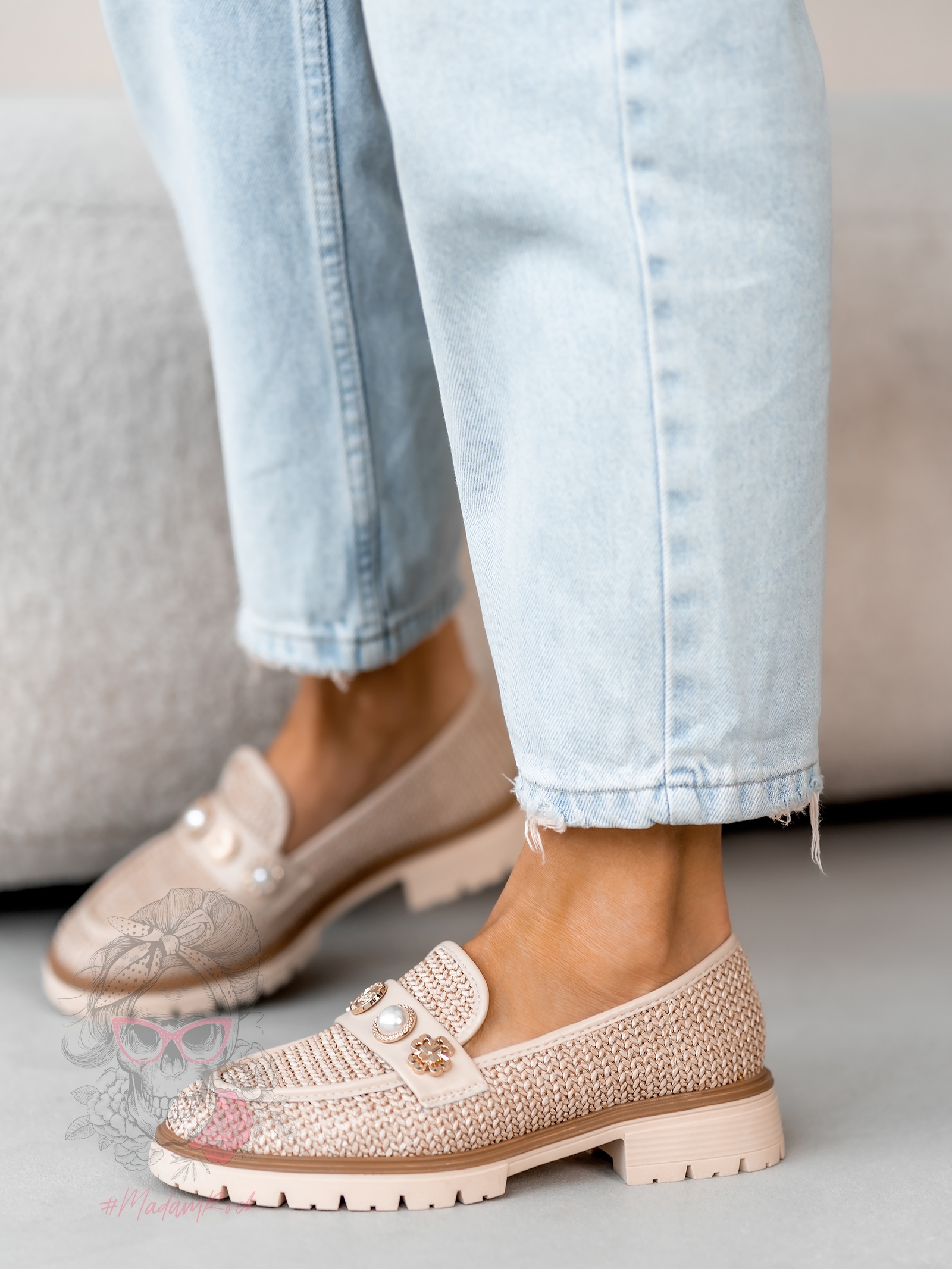 Mokasyny zamszowe Madam Fikte plecione beżowe