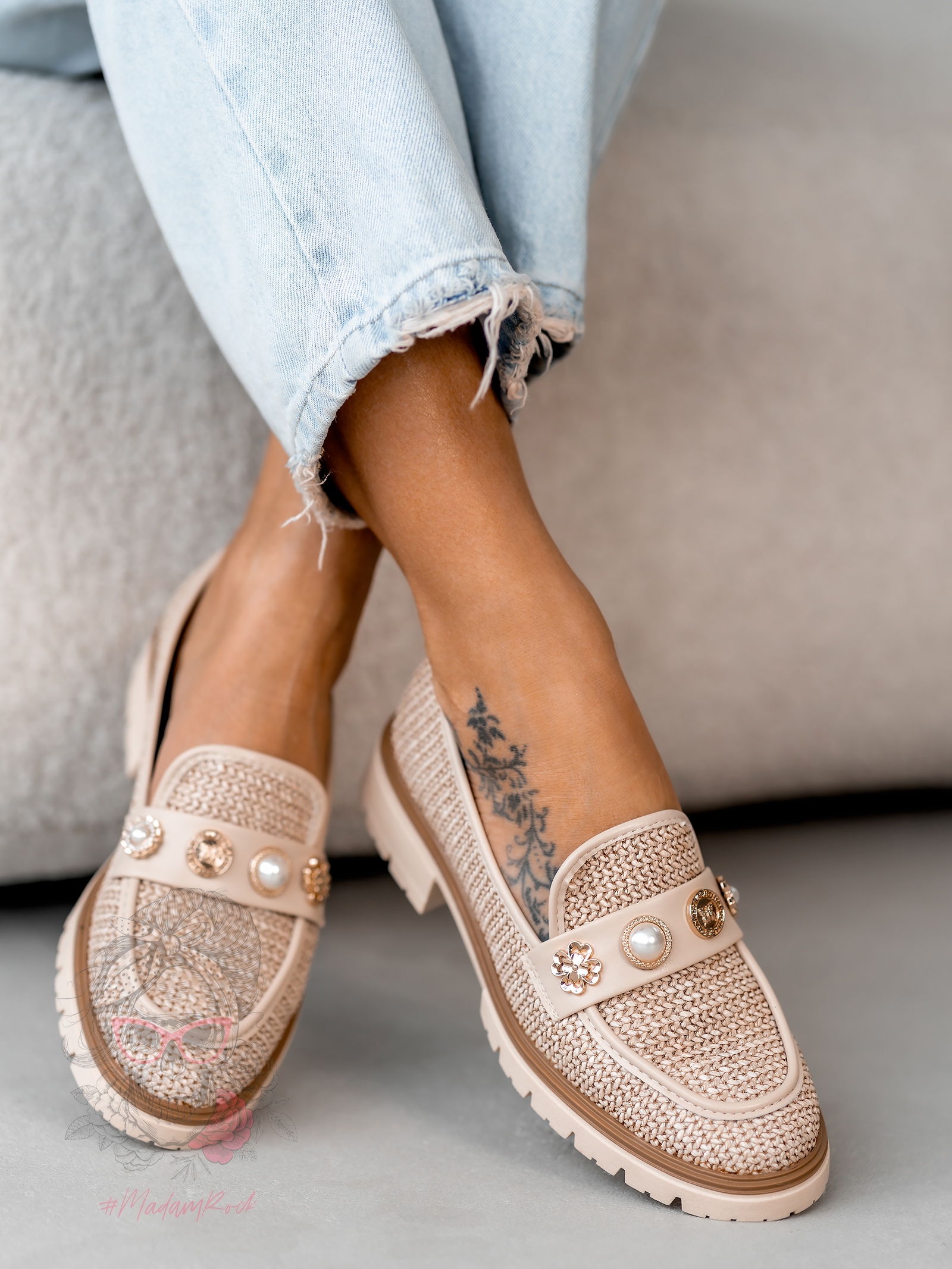 Mokasyny zamszowe Madam Fikte plecione beżowe