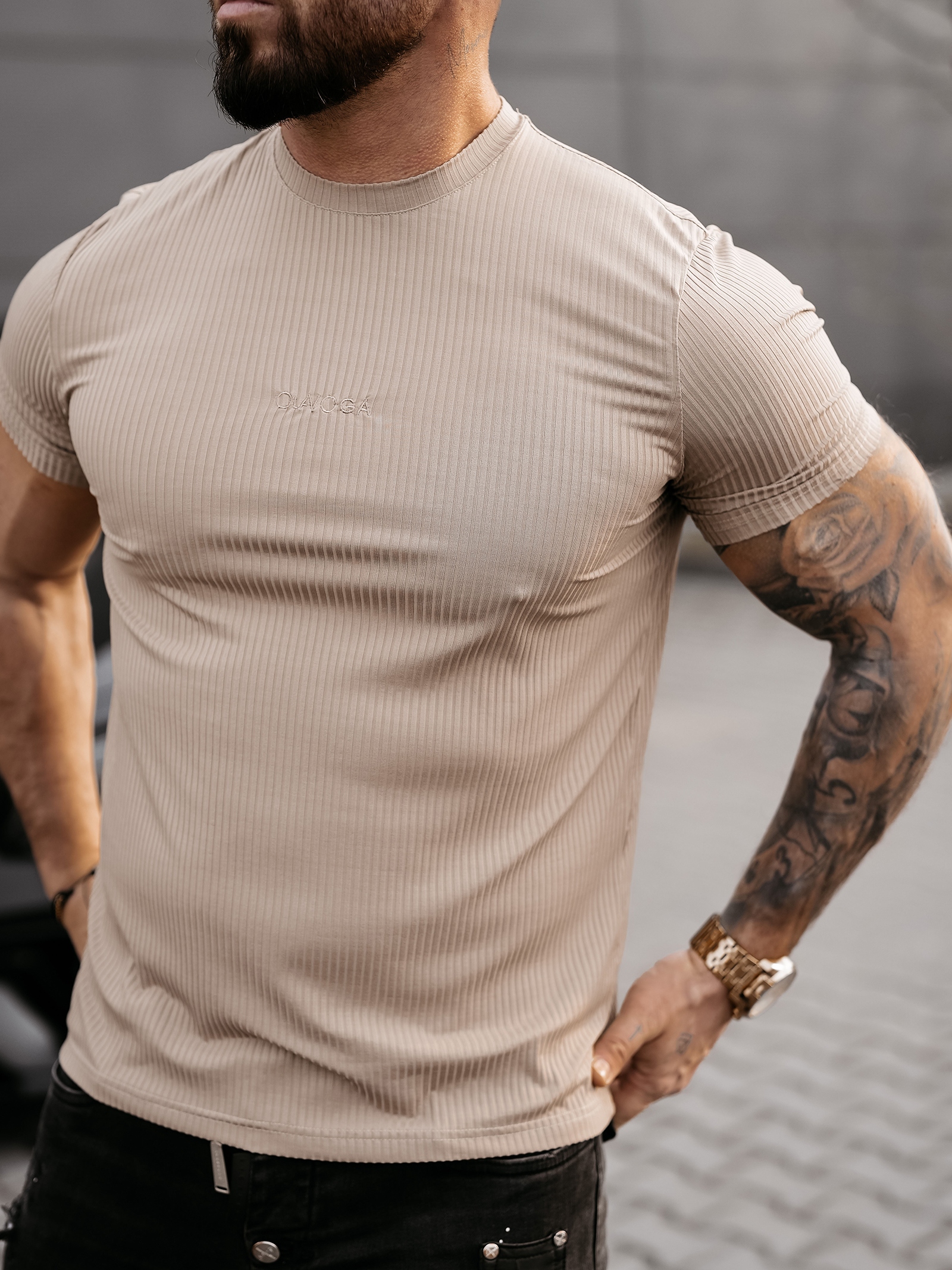 T-shirt męski slim MORON OLAVOGA beżowy