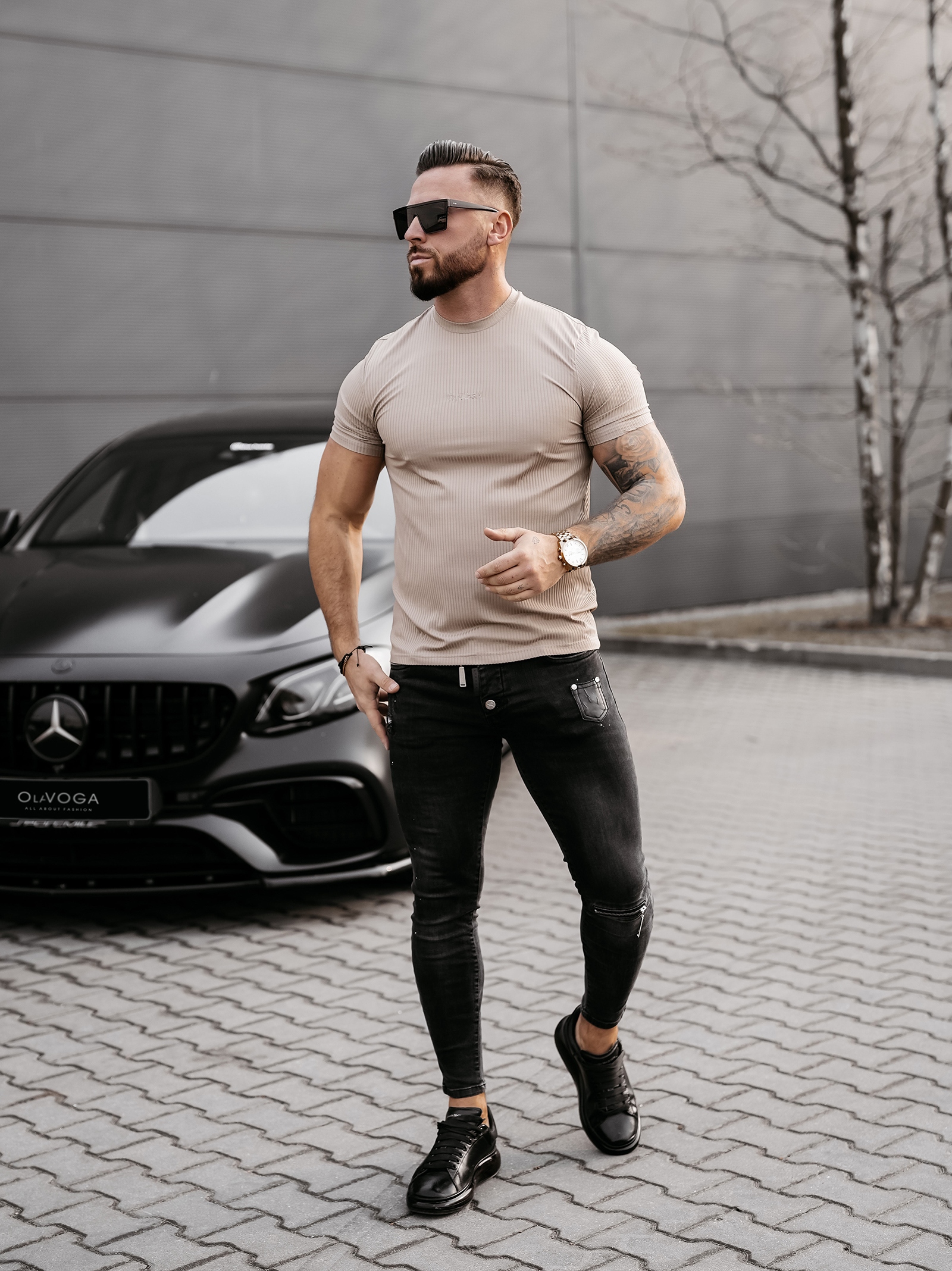 T-shirt męski slim MORON OLAVOGA beżowy T-shirt męski slim MORON OLAVOGA beżowy