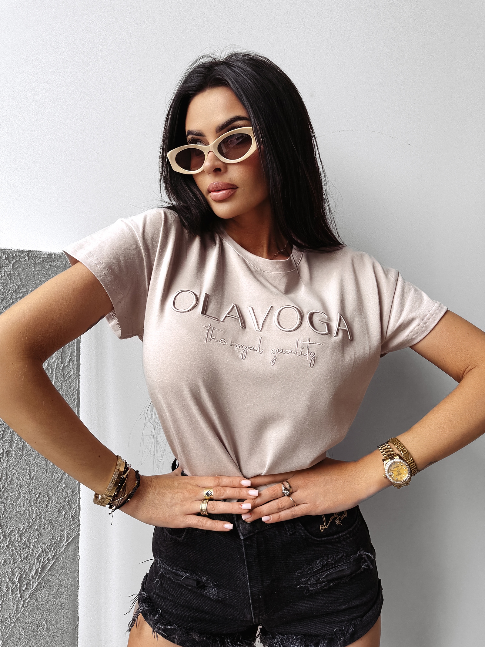 T-shirt z haftem HOLLYHOCK OLAVOGA beżowy