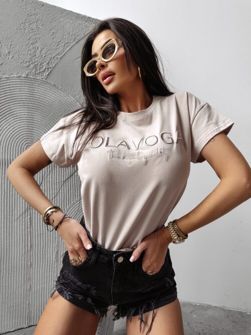 T-shirt z haftem HOLLYHOCK OLAVOGA beżowy