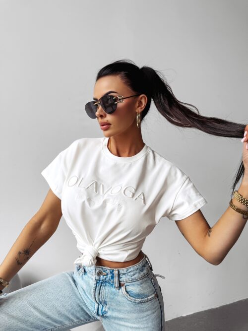 T-shirt z haftem HOLLYHOCK OLAVOGA ecru