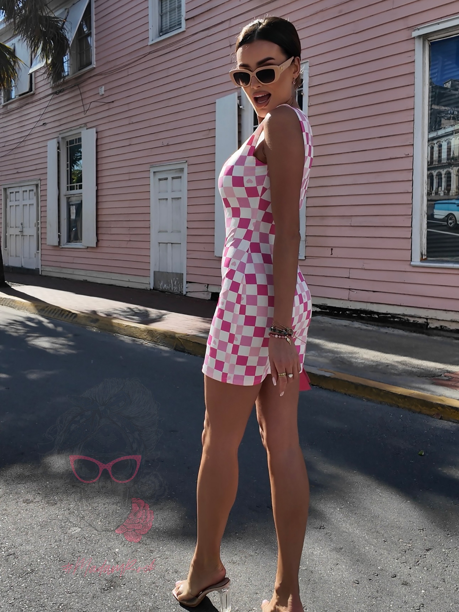 Sukienka szachownica NB TifTaf biało-różowa