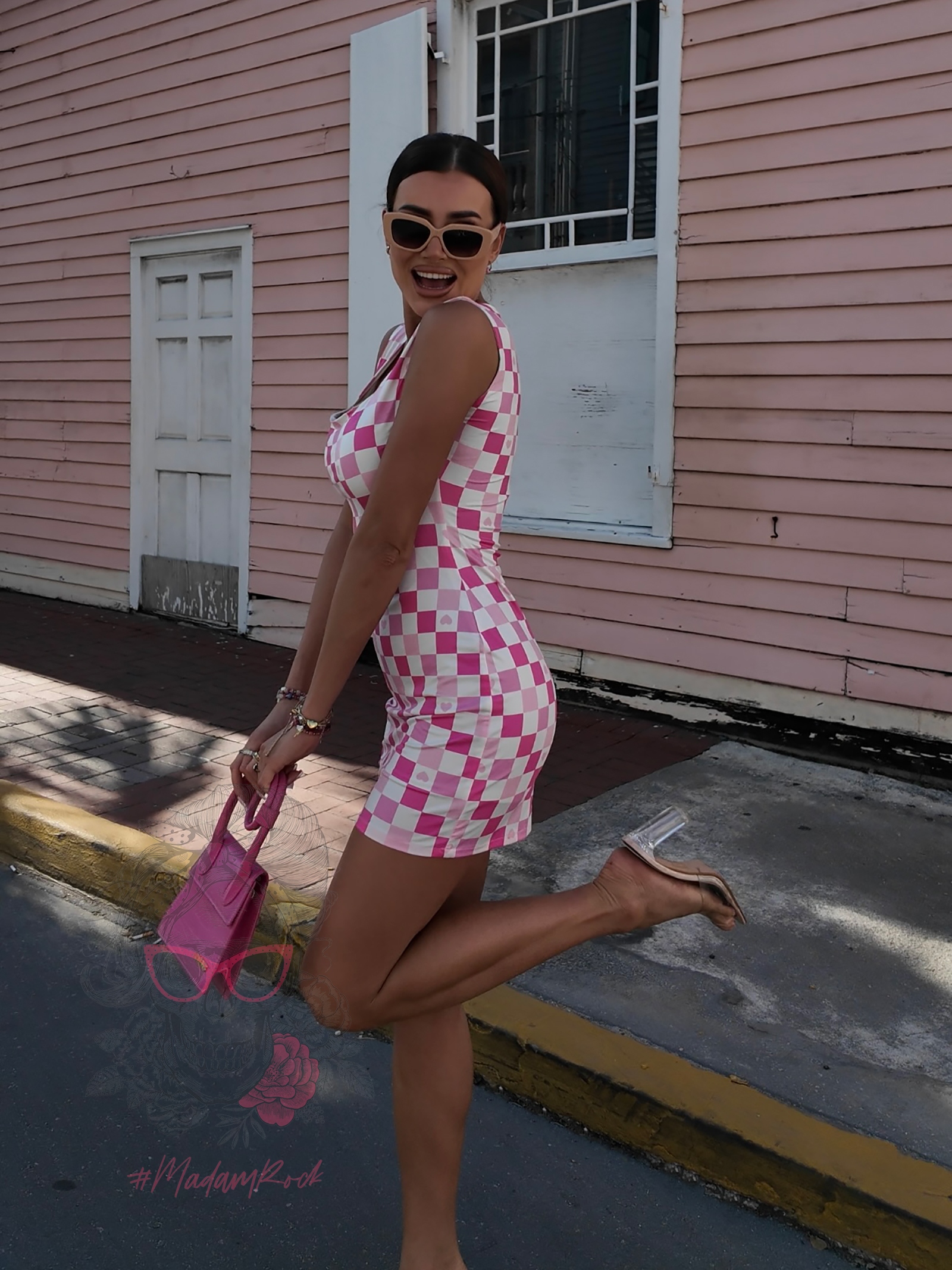 Sukienka szachownica NB TifTaf biało-różowa