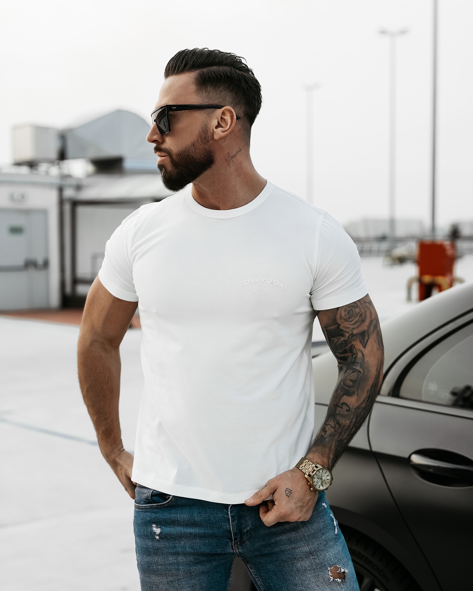 T-shirt męski klasyczny SWEET PEONY OLAVOGA ecru