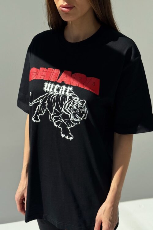 T-shirt z nadrukiem CHIARA TIGER czarny