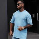 T-shirt męski z efektem sprania WASHED OLAVOGA niebieski