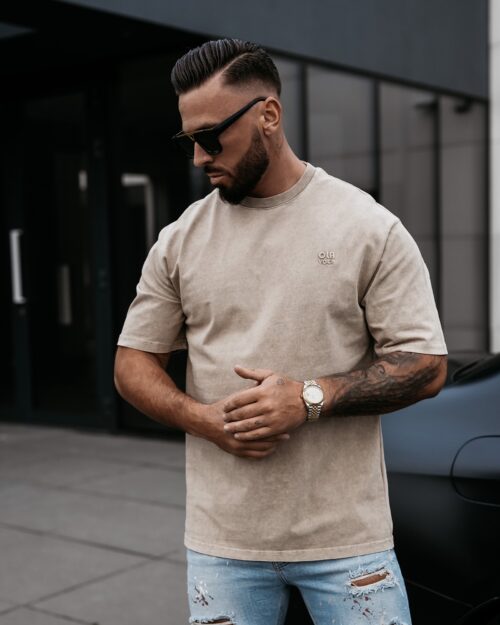 T-shirt męski z efektem sprania WASHED OLAVOGA beżowy