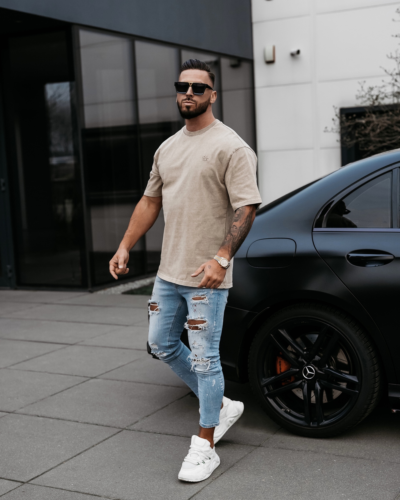 T-shirt męski z efektem sprania WASHED OLAVOGA beżowy