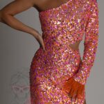 Sukienka cekinowa asymetryczna NB JellyX II różowo-pomarańczowa