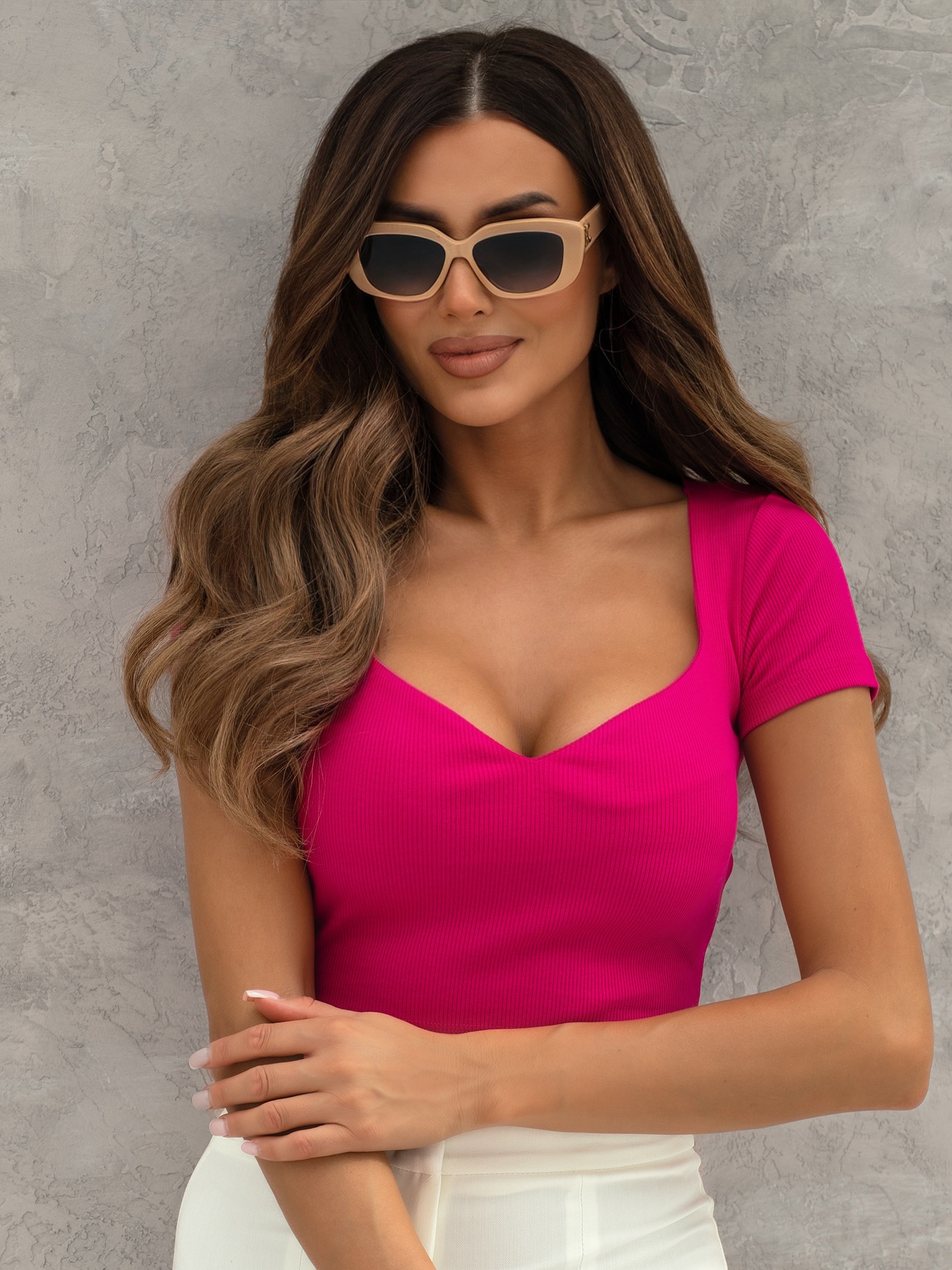 Top prążkowany na krótki rękaw Kodar fuksja