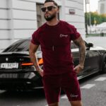 Komplet welurowy męski ze spodenkami NIGHT THREAD OLAVOGA bordowy