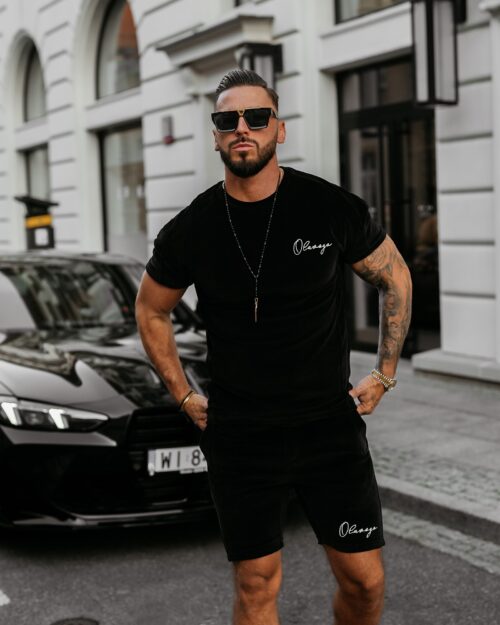 Komplet welurowy męski ze spodenkami NIGHT THREAD OLAVOGA czarny