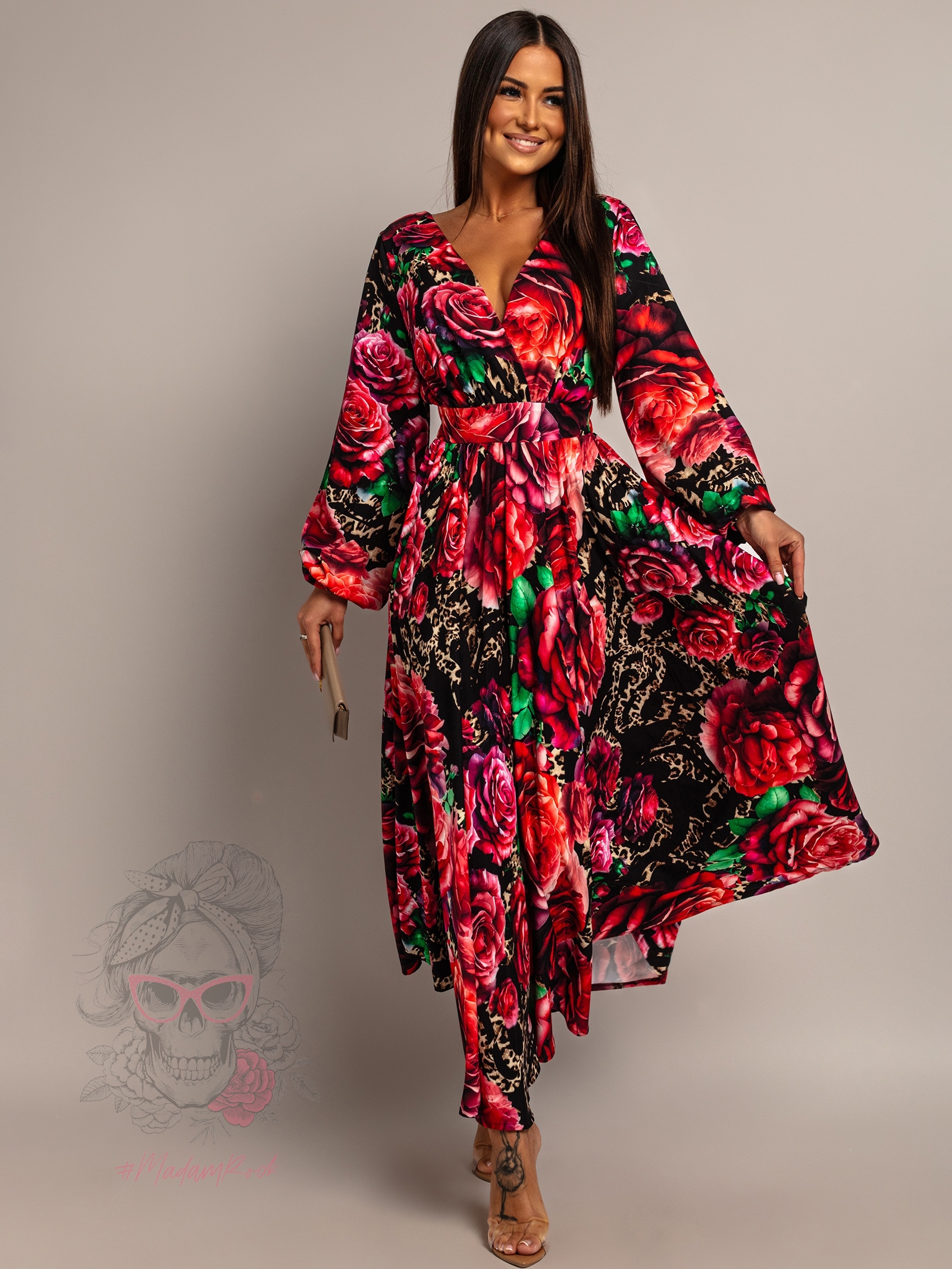 Sukienka maxi NB AMARO II panterka róże czerwone Sukienka maxi NB AMARO II panterka róże czerwone