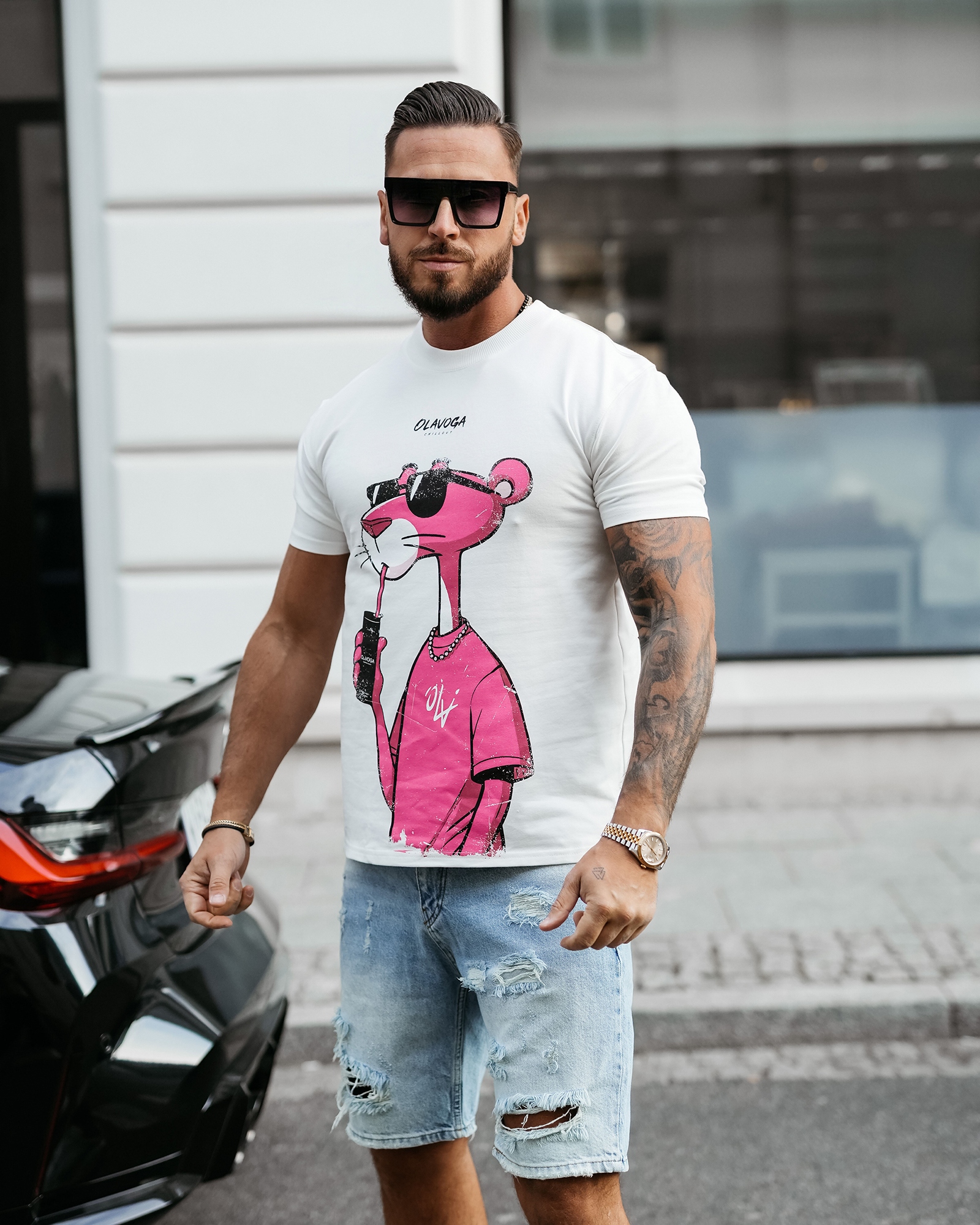 T-shirt męski z panterą HILLER OLAVOGA ecru